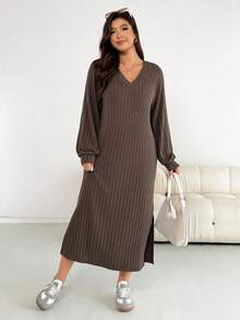 Shapeblank 大码女装秋冬时尚休闲宽松舒适日常基本百搭修身深棕色拉绒保暖面料 V 领长袖中长连衣裙，秋季服装，简约风格，棕色连衣裙