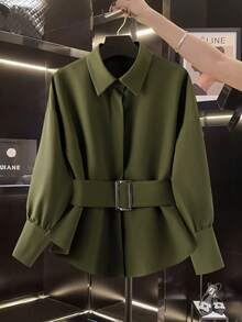 Franclia 女式纯色落肩长袖系带休闲衬衫，秋冬 - 軍綠色 - 查看 6