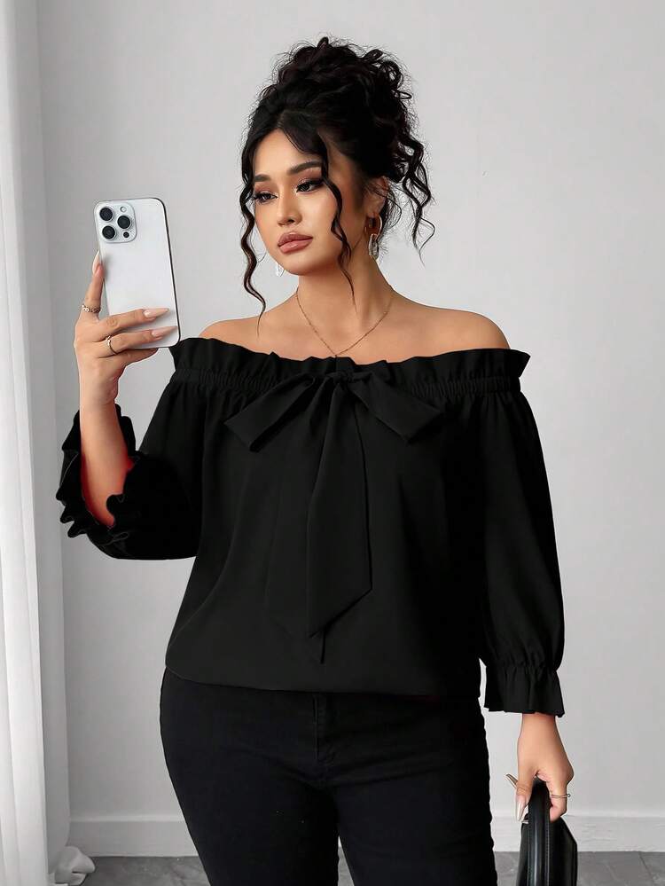 Elenzga 大码女式露肩中袖简约时尚衬衫，适合日常通勤，优雅时尚 - 黑色 - 查看 3