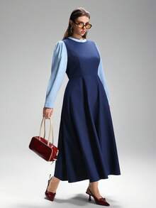 LYSMO Plus Size 2 In 1 Contrast Color A-Line Long Casual Dress Dress Modest Blue Elegant Dress Women - Blue - View 8