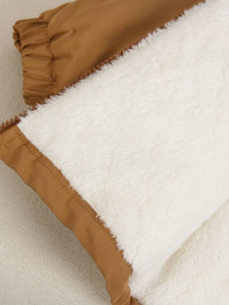 1 件男婴/女婴/中性婴儿/幼儿秋冬休闲卡其色加厚连帽长袖连体衣，带白色羊毛前袋装饰，简约时尚百搭设计，适合日常休闲穿着 - 棕色 - 查看 6