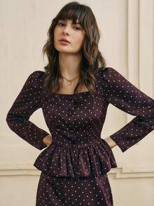 Cévolie 女士优雅波尔卡圆点印花方领上衣和长裙两件套 - 棕色 - 查看 4