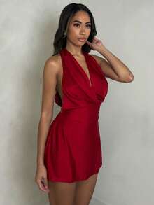 Glamine Elastic Satin V-Neck Backless Party Mini Dress For Women Red Christmas Party Dress New Year Women's Clothes Women Sexy Deap V Neck Mini Party Dress - Red - View 5