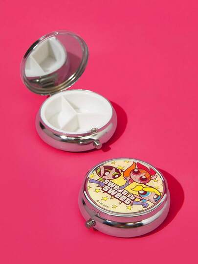 FanGlow THE POWERPUFF GIRLS X SHEIN Caja de medicina redonda pequeña, caja de almacenamiento, bolsillo de metal, empaque portátil, tres compartimentos, mini linda
