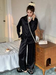 DAZY 少女豹纹提花长袖纽扣上衣和裤子家居服套装 - 黑色 - 查看 5