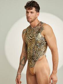 FeverCity 男士豹纹无袖紧身性感连体衣 - 棕色 - 查看 4
