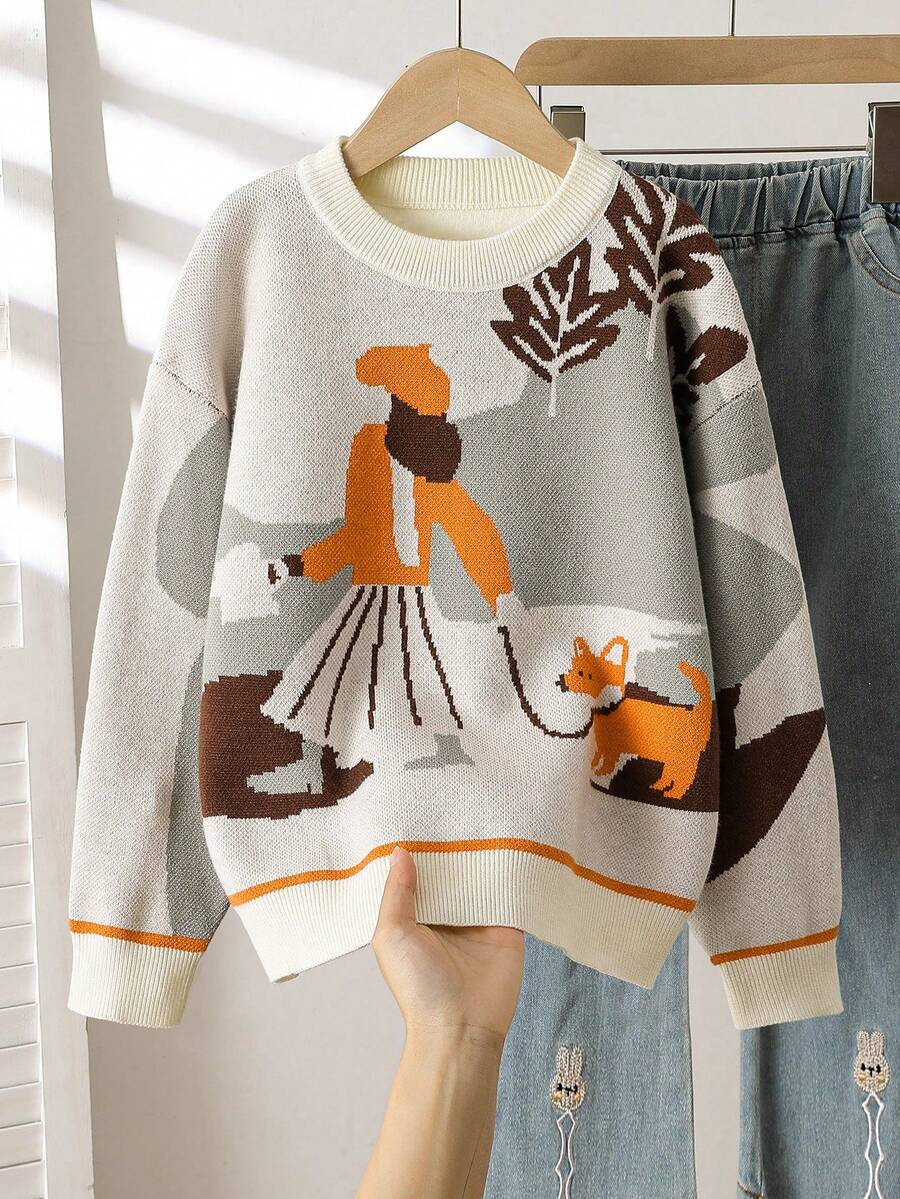 SHEIN Áo khoác cardigan xanh lá cây đa năng cho bé gái tuổi teen với họa tiết hoạt hình jacquard dễ thương - Áo len dệt kim dài tay cổ tròn mềm mại, nhẹ nhàng kiểu mới dành cho bé gái, thích hợp mặc hàng ngày và mùa thu/đông - Màu be - Xem 1