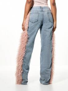 SUMWON WOMEN Quần jeans ống rộng ống loe cạp trễ phối lông vũ cho lễ hội phong cách Boho - Màu xanh lam - Xem 2