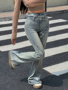 Rivivi Jeans évasés décontractés à taille haute avec boucle à œillet pour femmes - Bleu azur - Voir 5