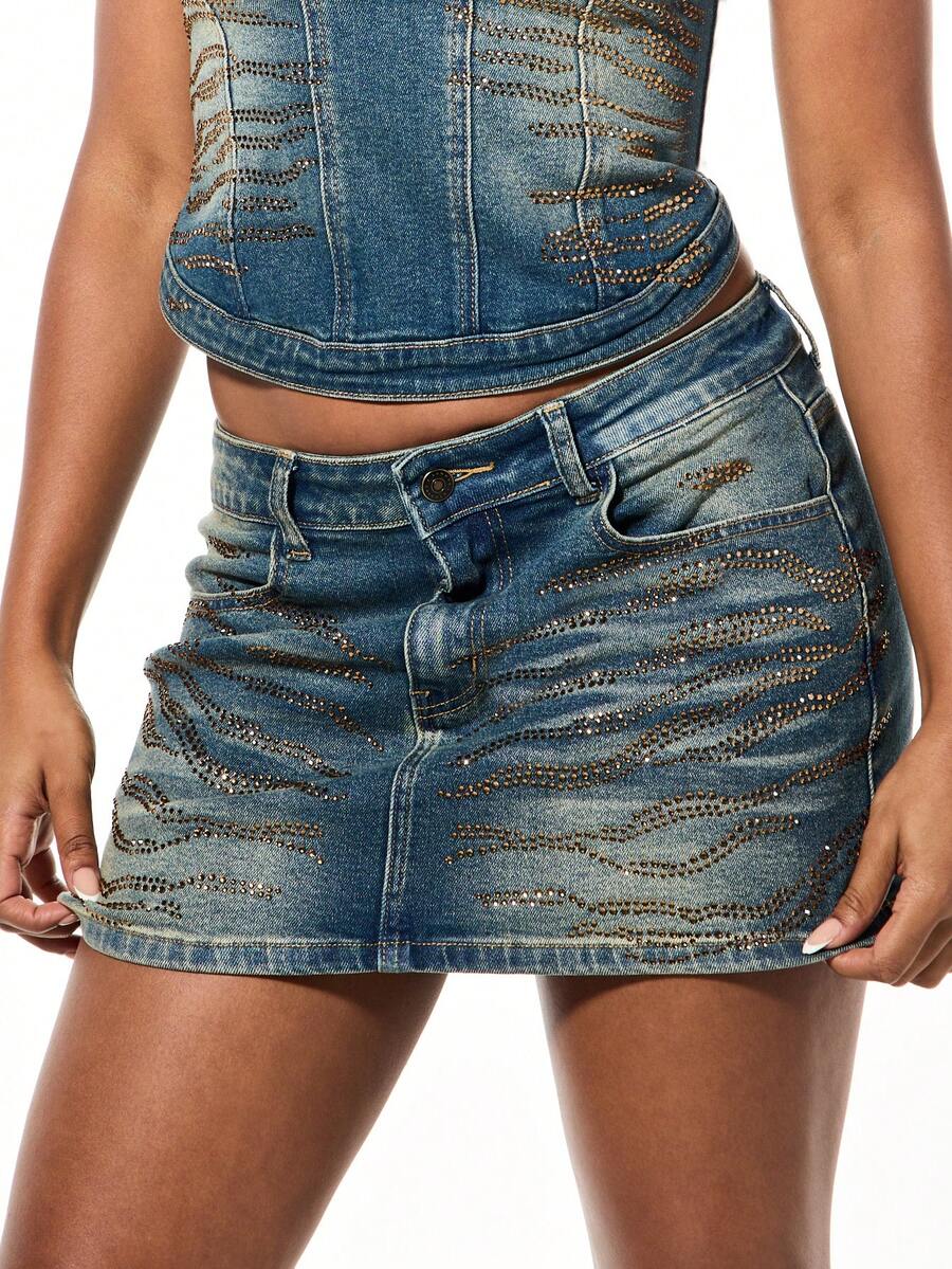 SUMWON WOMEN Stretch Denim Mini Skirt With Animal Print Hotfix Embellishments Low Rise Festival Summer Style - Blue - View 1