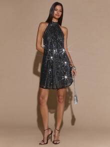 SHEIN BAE Minimalist High-End Backless Criss-Cross Apricot Mini Pleated Dress, Party Dresses For Women, Club Outfits Women Sexy - Silver - View 3