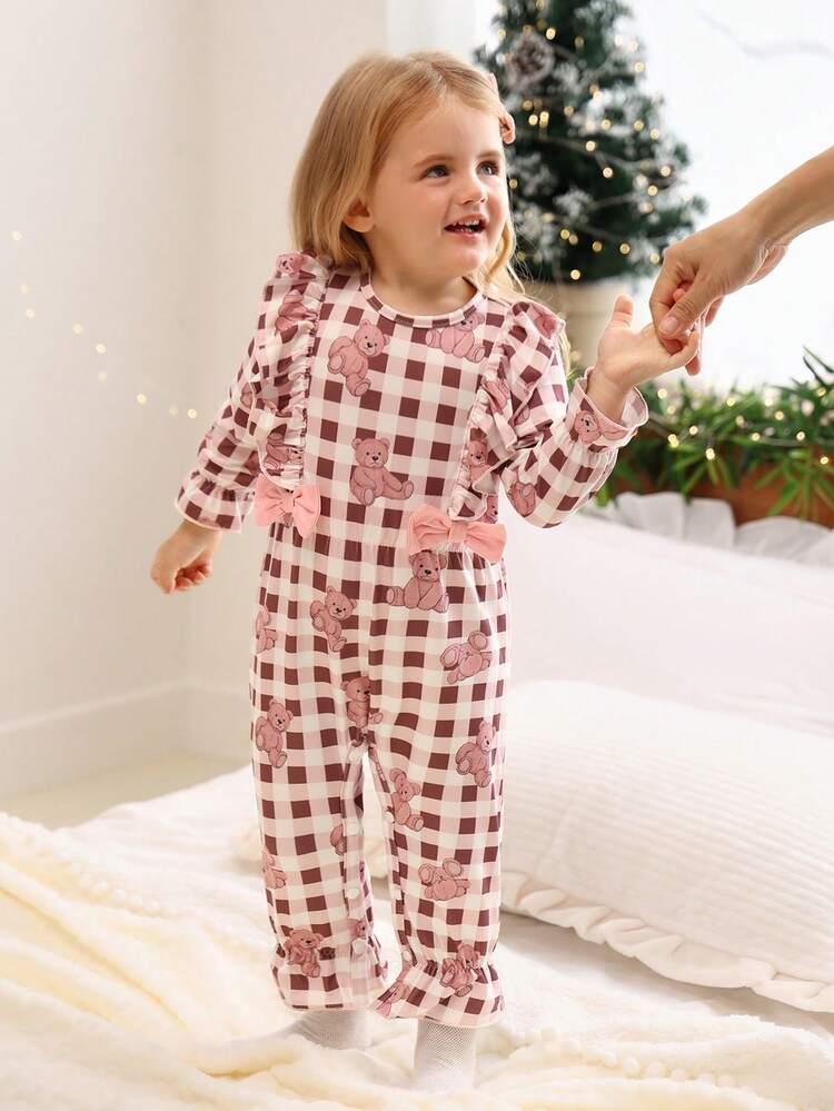 SHEIN 2件套女婴碎花荷叶边连体衣和可爱蝴蝶结装饰连体连衣裙套装 - 彩色 - 查看 3