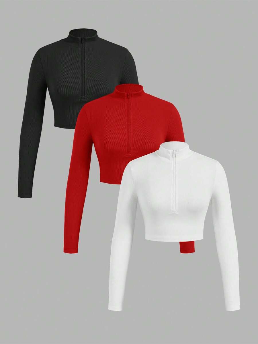 SHEIN EZwear 3pcs Women Zip-Up Ribbed Fabric Mock Neck Long Sleeve T-Shirt Set, Suitable For Spring & Autumn