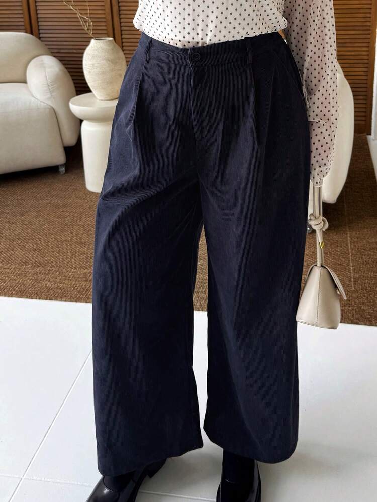 Dazy Plus Plus Size Women Thick Corduroy Loose Wide Leg Casual Pants, Versatile For Autumn/Winter