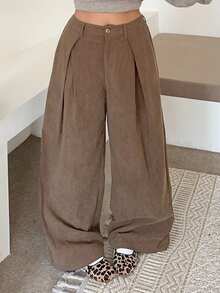 Dazy Plus Quần ống đứng nhung dày màu trơn cỡ lớn cho nữ, mùa thu/đông - Màu Khaki - Xem 4