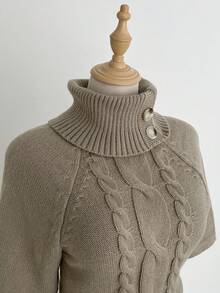 Elamini Maglione da donna con collo a lupetto, maniche corte e colletto a cappuccio, design alla moda per un uso versatile quotidiano, adatto per l'autunno/inverno - Cachi - Visualizzare 4
