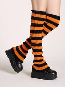 ROMWE Grunge Punk 1 Pair Women's Solid Color Knitted Extra Long Leg Warmers, Dark Purple & Black Striped, Suitable For All Seasons - Orange black - View 4