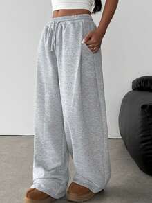 SHEIN Teen Girl Knitted Loose Casual Drawstring Pocket Wide Leg Sweatpants, Light Gray Comfy Pants Grey Sweat Pants Cute Sweat Pants