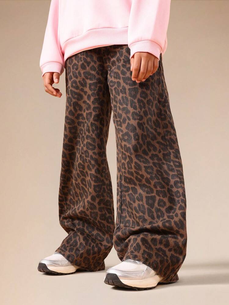 Calça Denim de perna larga com estampa de leopardo