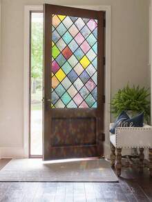 1 Roll Retro Diamond Window Decorative Film, Rainbow Grid Static Cling Privacy Film, Non-Adhesive UV Blocking, For Home Decor, Size 17.7 X 118 Inch - 彩色 - 查看 21