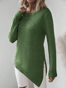 EMERY ROSE Women's Crew Neck Solid Color Drop Shoulder Long Sleeve Casual Knit Pullover Sweater - Army Green - View 5