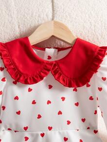 Vestido novo de outono para meninas, 1 peça, gola com estampa de coração vermelho, manga comprida vermelha, zíper nas costas, punho e bainha elásticos, duas camadas, simples e fofo, versátil, adequado para o dia dos namorados, passeio, festa, escola, estilo princesa - Vermelho - Ver 6