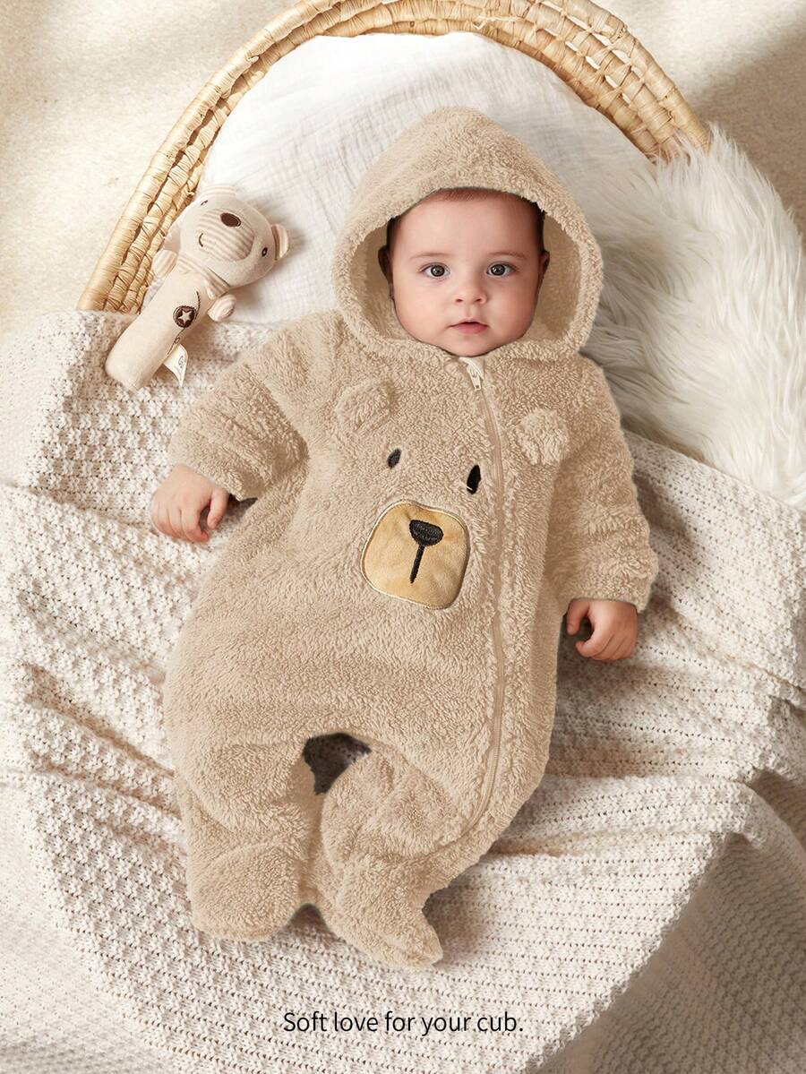 Cozy Pixies Newborn Baby Boy Cartoon Bear Ear Hooded Thick Long Sleeve Footed Romper - Apricot - View 1
