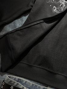 SHEIN EZwear Women's Floral Print Rhinestone Zipper Front Fuzzy Collar Casual Sweatshirt, Autumn/Winter Rhinestone Zip Up Cross Goth Style Rockstar Women Anime - Black - View 9