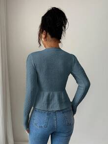 Elenzga Áo len cardigan dệt kim ôm sát cổ chữ V nhún bèo thanh lịch dành cho nữ, thích hợp cho kỳ nghỉ lễ và nghỉ dưỡng, mùa thu/đông - Màu xanh bụi bặm - Xem 2
