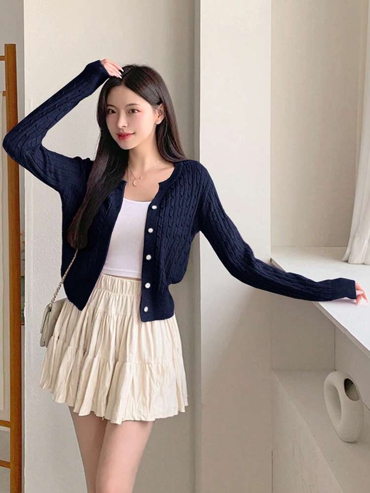 Women's Casual Twist Knit Cardigan With Single-Breasted Button Closure, Long Sleeve, Autumn/Winter