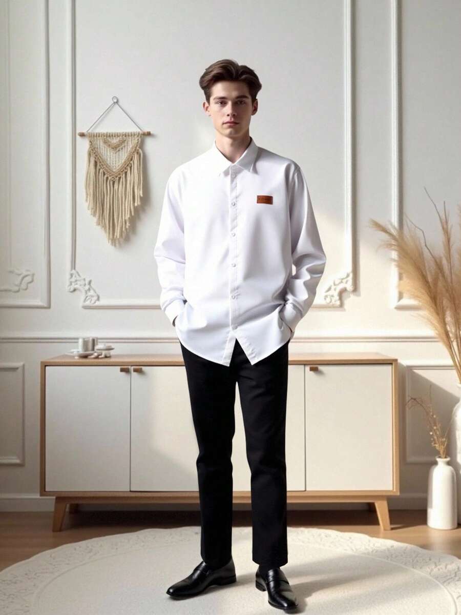 SHEIN 2 件套青少年男孩绅士装 - 白色领长袖衬衫 + 黑色长裤，绅士西装套装，商务优雅，学院风，适合生日派对、日常休闲装、婚礼、婚礼嘉宾、花童、戒指男孩 - 白色 - 查看 1