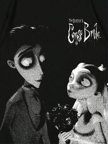 ROMWE MEN Corpse Bride | ROMWE Summer Valentine 'Sday Casual Graphic Men'S Cartoon Character And Letter Printed Loose Shoulder Short Sleeve T-Shirt, Summer, School, 2000S Style - Black - View 3