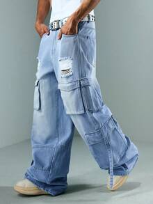 ROMWE MEN Street Life Herren Lässig Mode Straße Zerrissene Klappe Tasche Locker Weites Bein Cargo Jeans - Blau - Übersicht 8