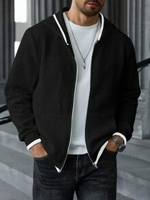 Manfinity CasualCool 男士纯色简约日常长袖纹理面料卫衣黑色外套男士黑色拉链连帽衫男士拉链夹克男士外套男士连帽衫男士休闲连帽衫