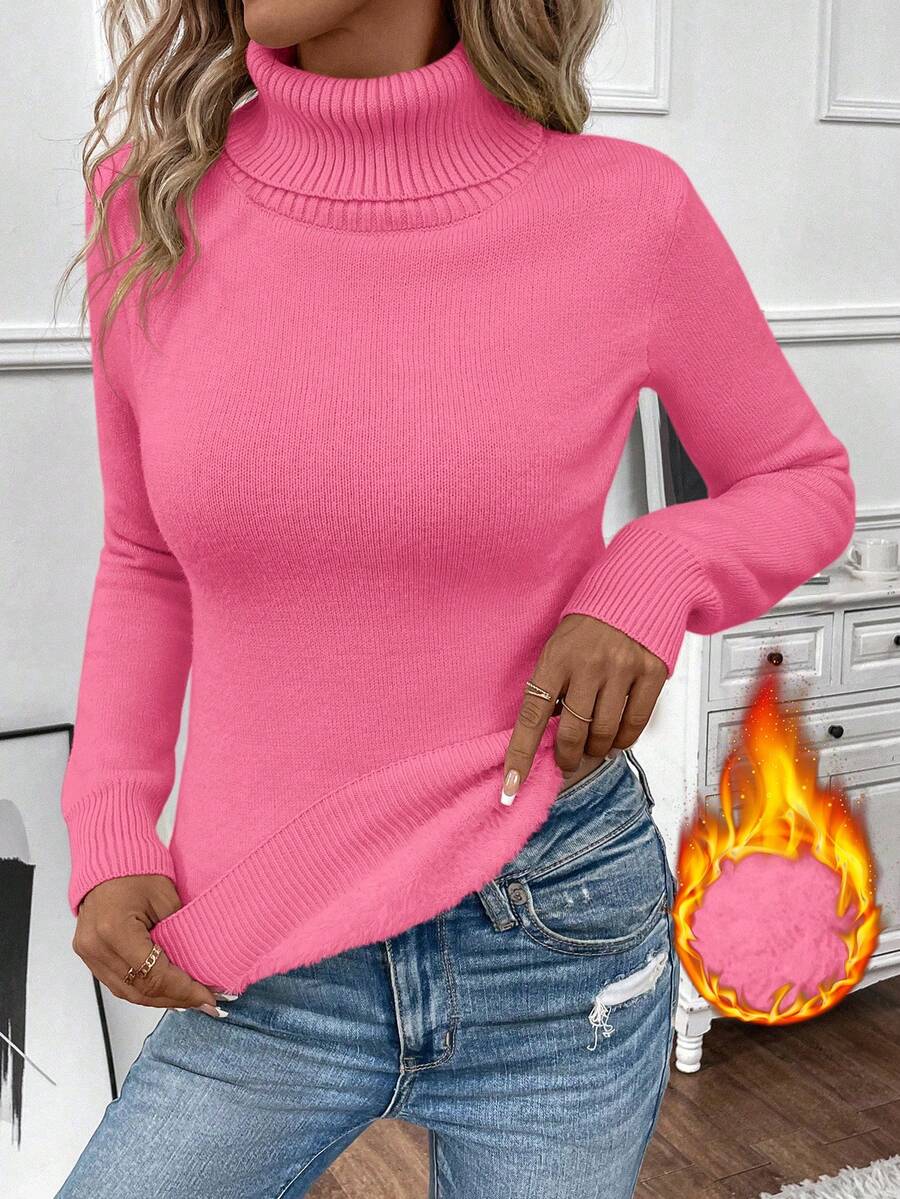 EMERY ROSE Women's Solid Color Turtleneck Warm Casual Long Sleeve Pullover Sweater - Coral Pink - View 1