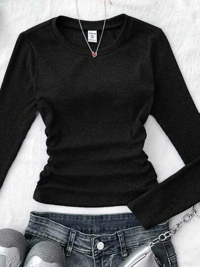 Teen Girls Solid Color Star Pattern Pleated Camisole, Suitable For Casual Wear, Winter Long Sleeve Tops For Teen Girls Black Ribbed Long Sleeve Top Cozy Fall & Winter Styles Suitable For Autumn/Winter Suitable For New Year, Daily, Celebration, Autumn & Winter Outfits For Easy Comfort, Autumn & Winter Layers For Girls, Stylish Girls