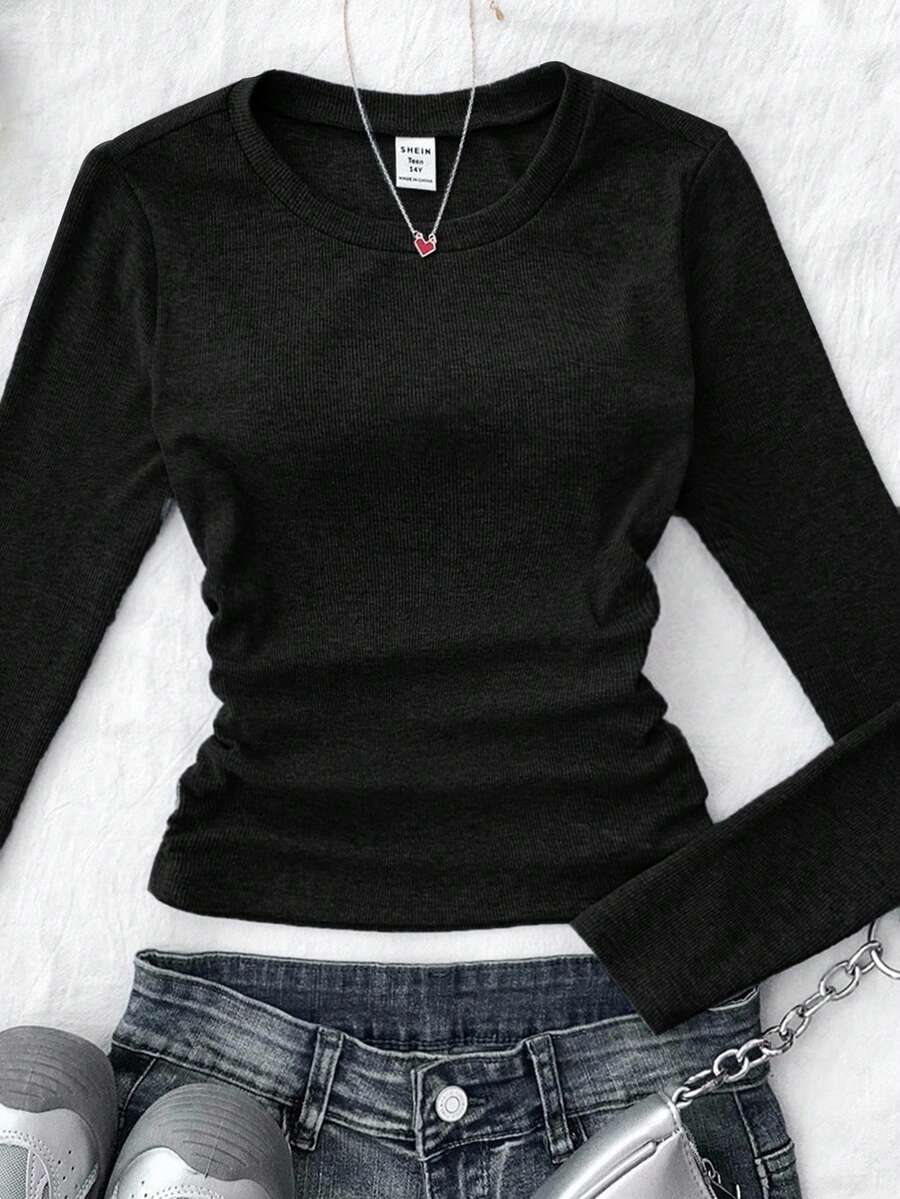 Teen Girl Black Ribbed Long Sleeve Top,Autumn Casual Graduation Style Solid Color Pleated Cozy Winter Layers For New Year,Daily,Celebration,Stylish - Black - View 1
