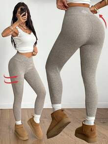 Coolane Damen Herbst/Winter Streetwear Lässig Minimalistisch Basic Alltagskleidung Rippenstruktur Strick Dehnbar Bequem Beige Fleece Leggings/Strumpfhosen - Aprikosenfarben - Übersicht 3