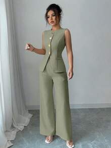 Selianne 女士优雅花卉纽扣装饰休闲/工作套装 - 綠色 - 查看 5