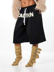 SUMWON WOMEN Quần short denim rộng thùng thình với họa tiết tương phản cho lễ hội đường phố mùa hè - màu đen - Xem 4