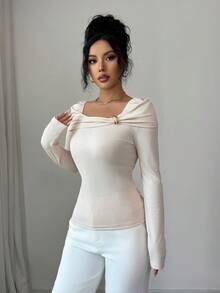 Elenzga Femmes Élégant Abricot Épaule Oblique Tricot Manches Longues Ajusté Mode T-Shirt, Convient pour l'automne, l'hiver, Thanksgiving, Soirée Élégante, Noël, Nouvel An - Nude - Voir 6