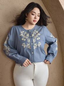 Dazy Plus Plus Size Women Open Front Casual Loose Graphic Print Shirt, Blue, Spring/Autumn Carnival - Blue - View 1