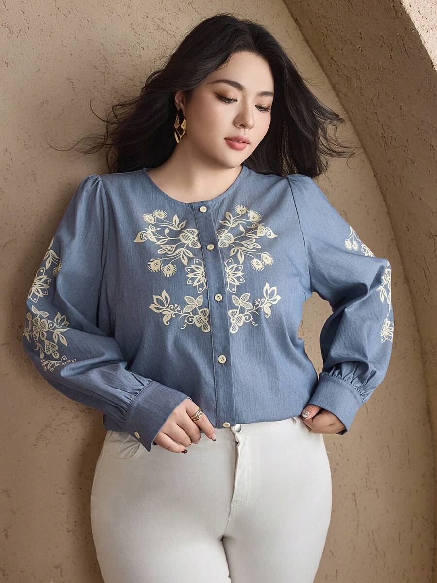 Dazy Plus Plus Size Women Open Front Casual Loose Graphic Print Shirt, Blue, Spring/Autumn Carnival - Blue - View 1