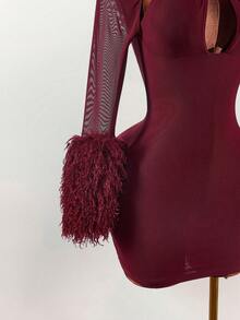 Amplova Váy ngắn hở ngực phối lưới lông màu đỏ rượu vang dành cho nữ, dự tiệc - Màu Đỏ Sâu - Xem 6