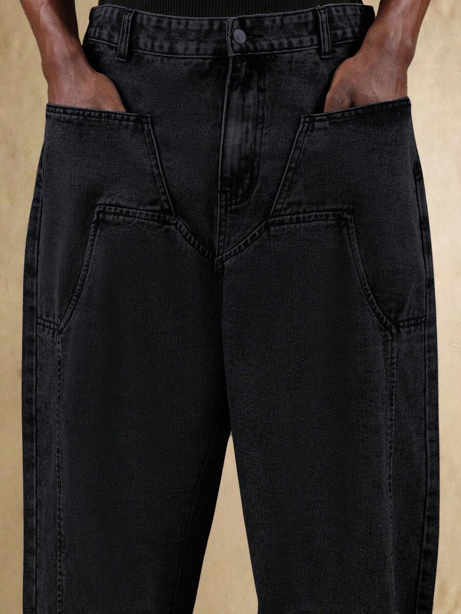 SUMWON 阔腿经典牛仔宽松牛仔裤，带实用口袋，复古街头风，秋冬时尚休闲舒适宽松版型纯色长裤 - 深灰色 - 查看 1