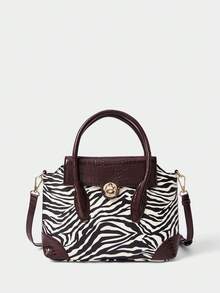 SHECARRY Women's Fashion Commuter Zebra Print & Crocodile Embossed Patchwork Handbag - Black and White - View 5
