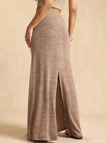 Easelle Vintage Nomadic Brown Low Waist Tie Front Slit Hem Bodycon Maxi Skirt For Women,Chic Elegant Summer Vacation Wrap Around Knit Curve Long Skirt - Brown - View 3