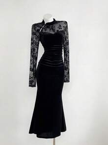 Elamini 女士黑色天鹅绒和网眼面料中式领侧开衩珍珠纽扣褶腰鱼尾长袖超长连衣裙，优雅的中国复古风格，适合派对、通勤、约会，百搭秋冬 - 黑色 - 查看 6