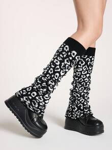 ROMWE Goth 1双可爱卡哇伊爱心豹纹白底阔腿套 - 白黑色 - 查看 3