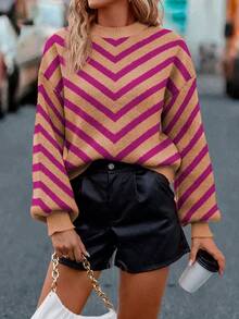 SHEIN LUNE 女士休闲宽松条纹圆领落肩长袖毛衣，秋冬 - 卡其色 - 查看 5